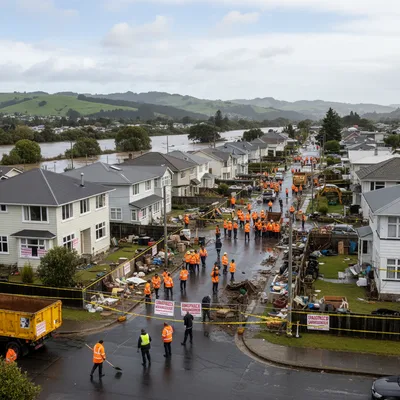 Wellington homes devastated by floodwaters with debris scattered across inundated streets upon recovery.
