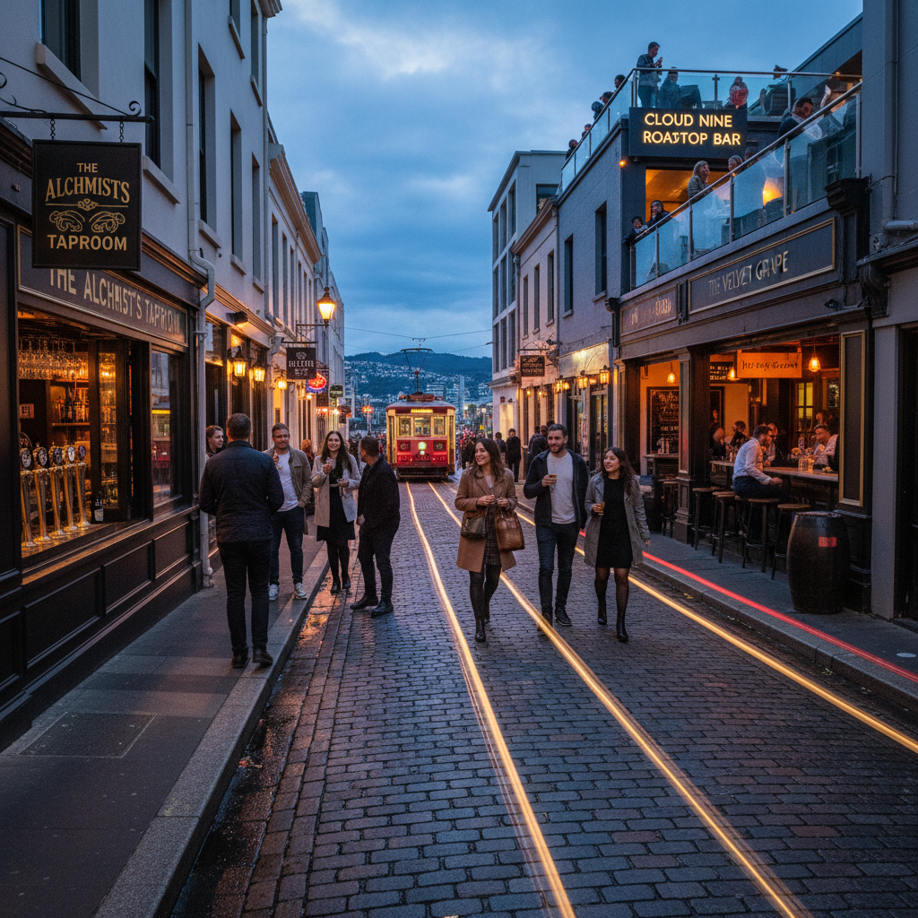 Wellington cityscape at dusk with glowing bars and restaurants below, showcasing nightlife venues.