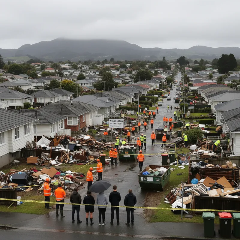 Wellington floodwaters recede, revealing damaged homes and ongoing recovery efforts in a residential area.