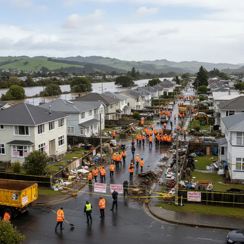 Wellington homes devastated by floodwaters with debris scattered across inundated streets upon recovery.