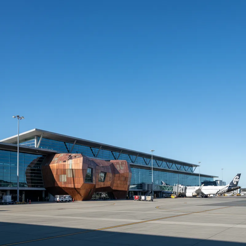 The modern exterior of Wellington International Airport's main terminal building in Rongotai on a clear, sunny day, frequented by travellers.