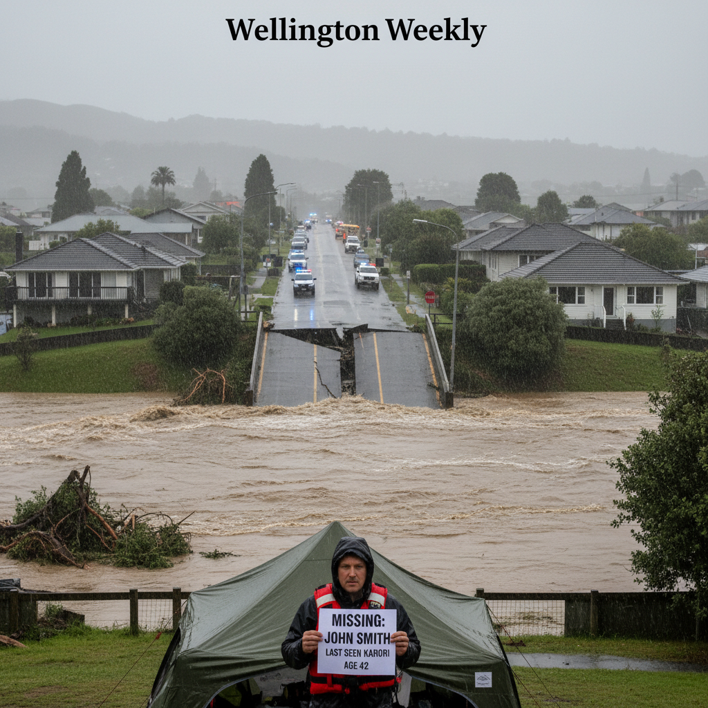 Flooded Wellington street with cars submerged and buildings damaged during severe weather event.