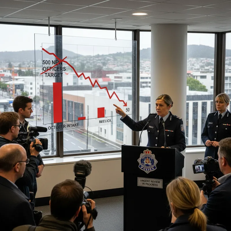 Police Commissioner looks concerned at a press conference regarding the shortfall in police recruits.