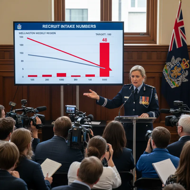 Police Commissioner looks concerned at a nearly empty police recruitment training room in Wellington.