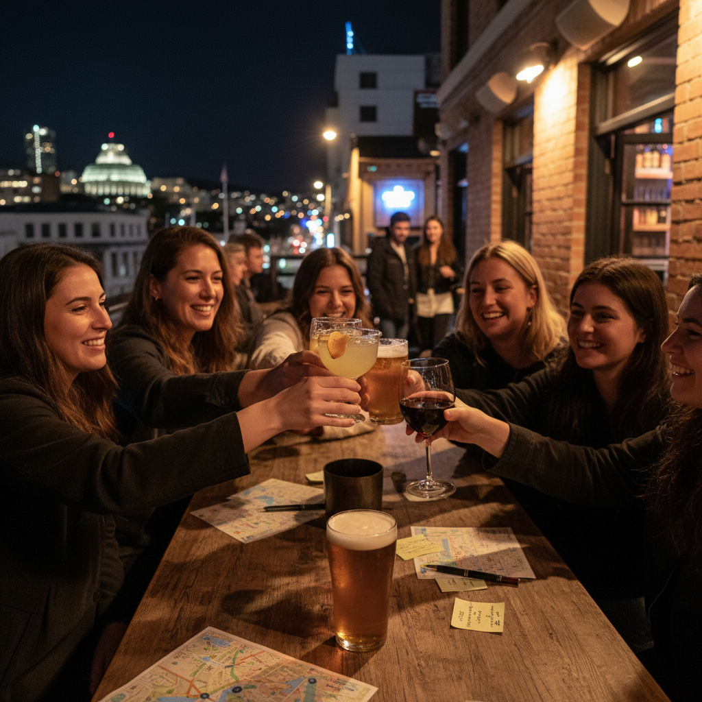 Wellington cityscape at night featuring various illuminated bars and rooftop venues, evoking nightlife.