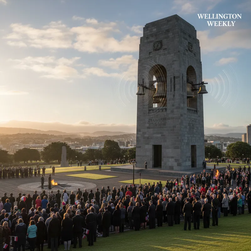 The Wellington carillon tower, a tall stone spire, stands against a cloudy sky, ready to chime.