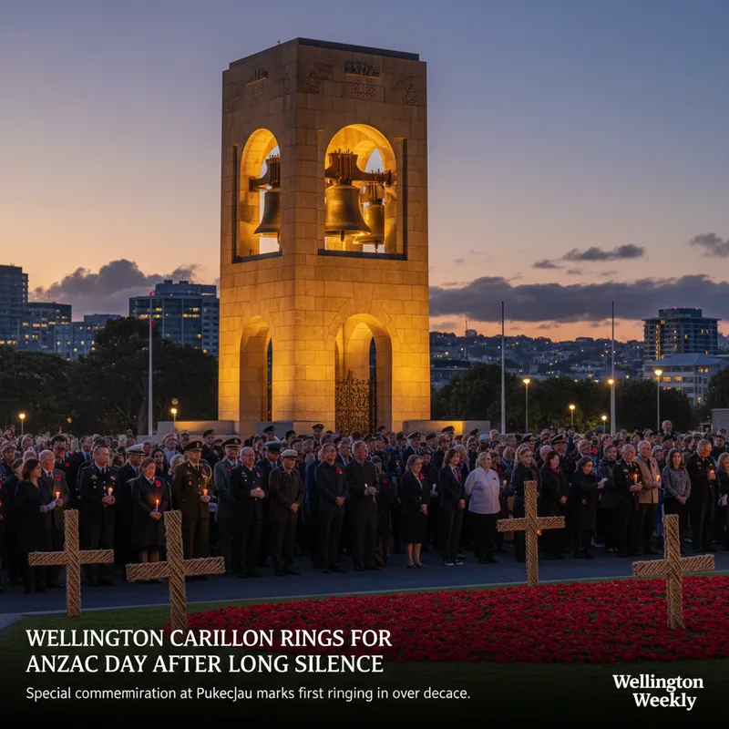 Wellington’s National War Memorial carillon tower with bells audible, set against a daytime sky.