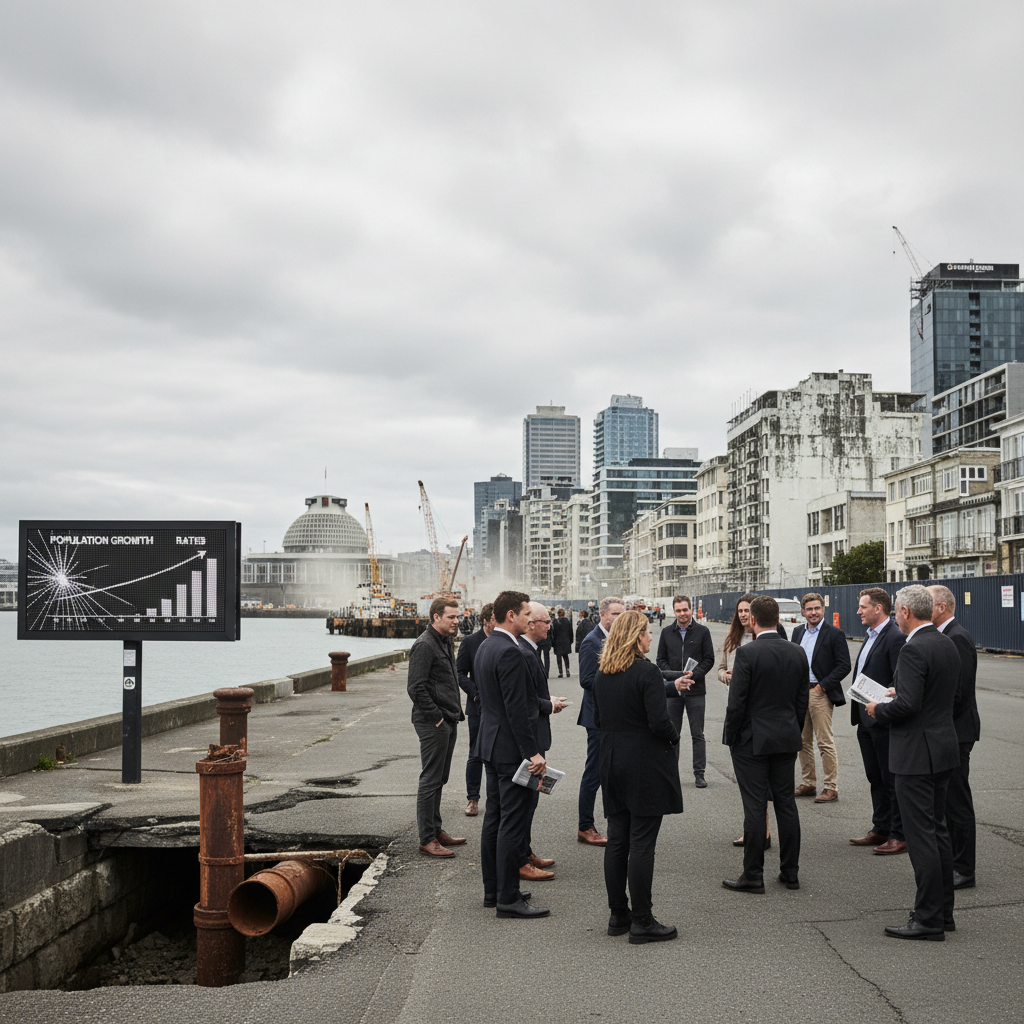 Wellington cityscape with aging infrastructure under a cloudy sky, symbolizing city challenges.