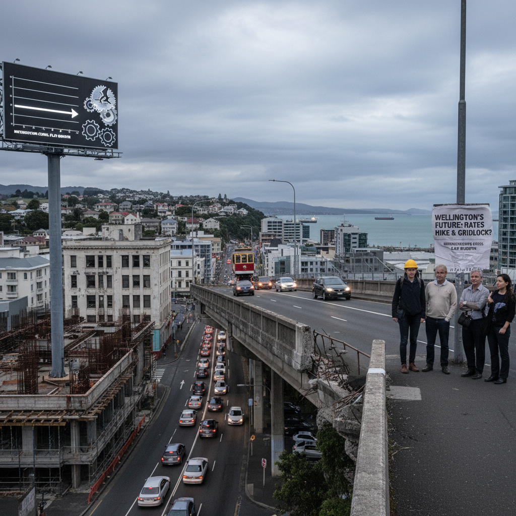 Wellington cityscape with aging infrastructure needing repair under a cloudy sky.
