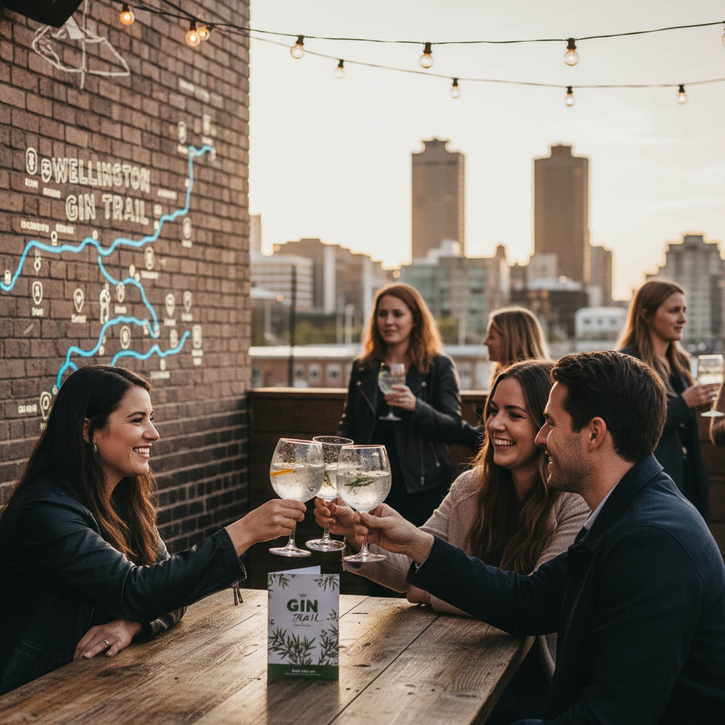 Locals enjoy artisanal gin tasting at a Wellington venue during the city's new Gin Trail event.