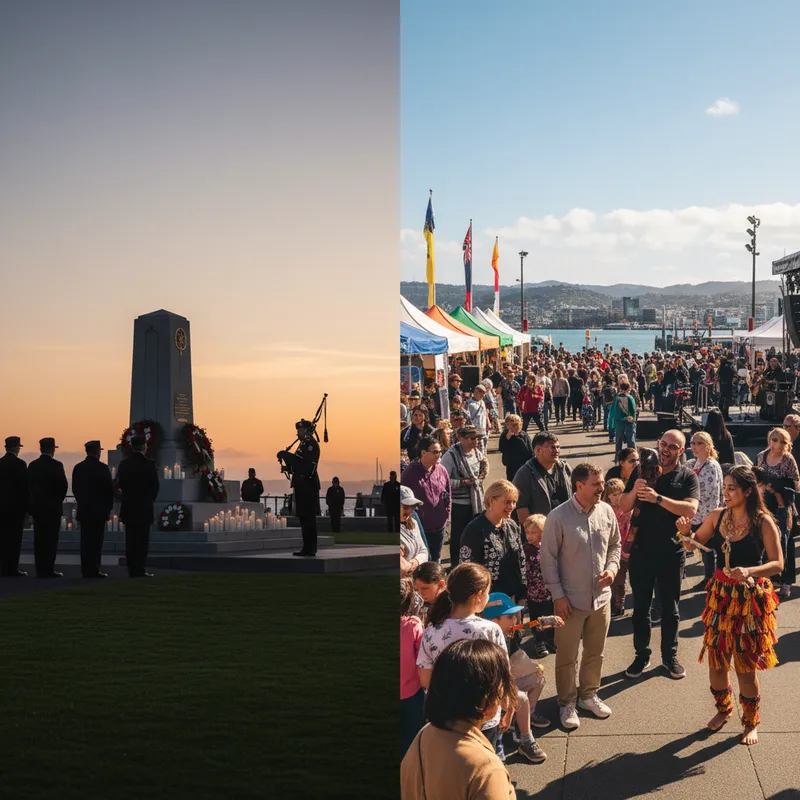 Wellington cityscape at dusk with streetlights reflecting on wet pavement, hinting at urban nightlife.