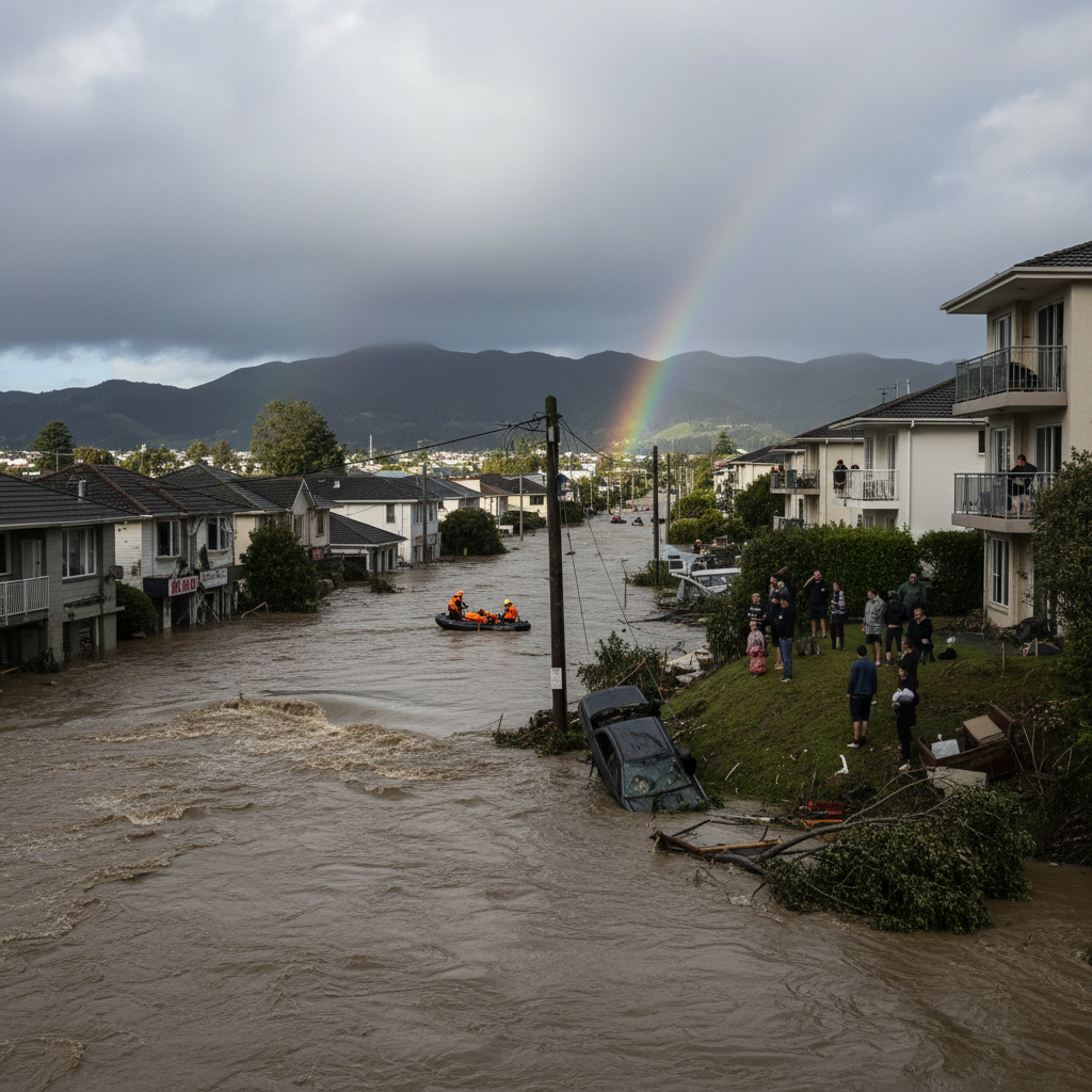 Floodwaters surge through a devastated Wellington showing damaged homes and debris, a path of destruction.