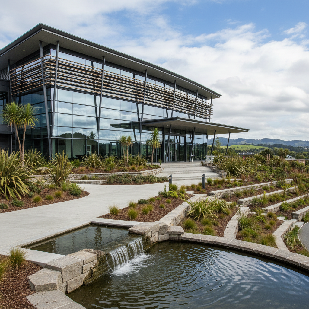 Modern building exterior with landscaped grounds, architectural photography, realistic setting.