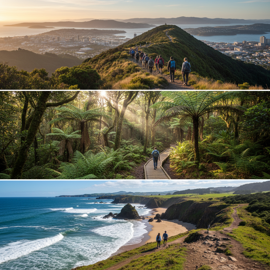 A scenic view of Wellington's rugged coastline with clear blue water and green hills under natural lighting.